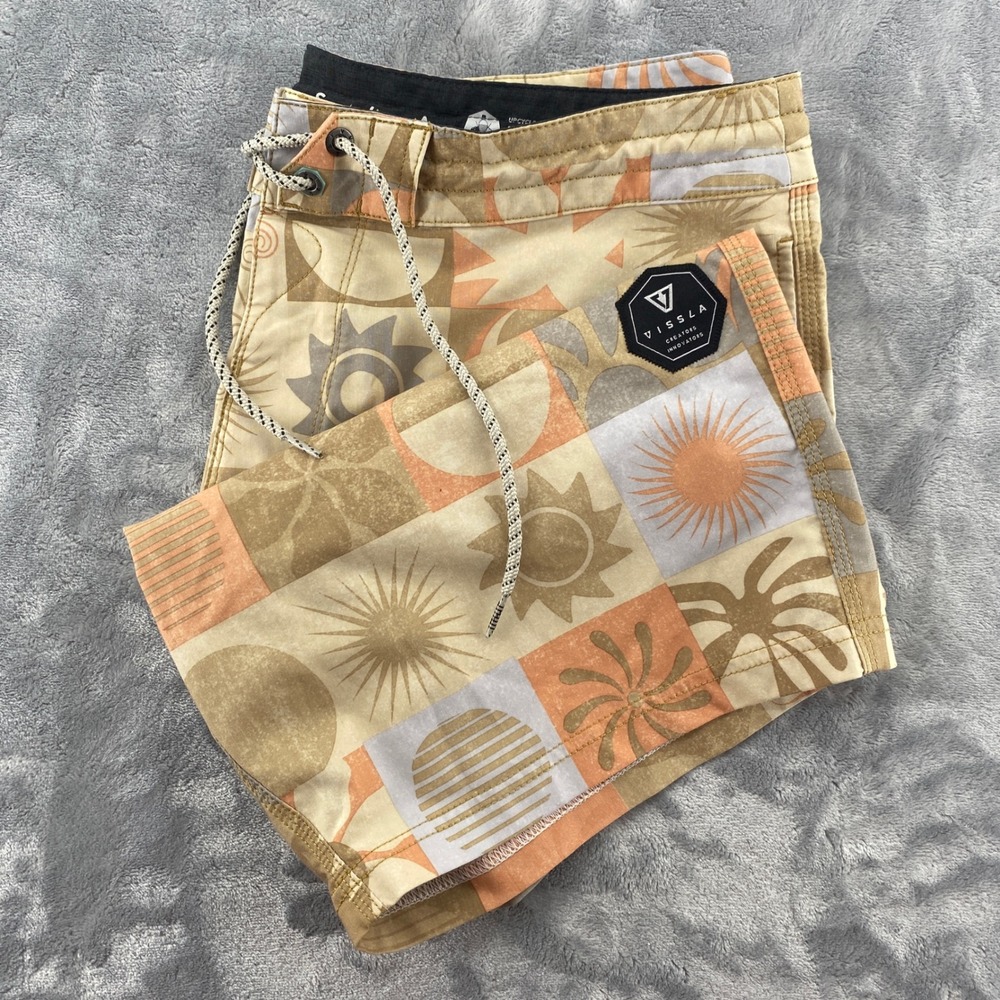 Vissla Mens 33 Sun Patchwork Upcycle Coconut Stretch Board Shorts Tan Orange